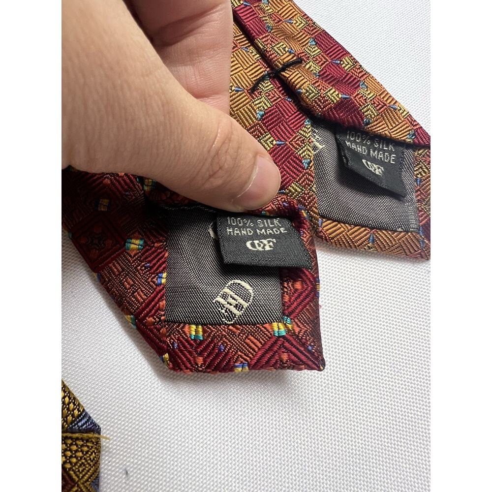 Set Of 3 DANIEL DE FASSON Handmade 100% Silk Tie Geometric Necktie Red Yellow - Picture 4 of 14